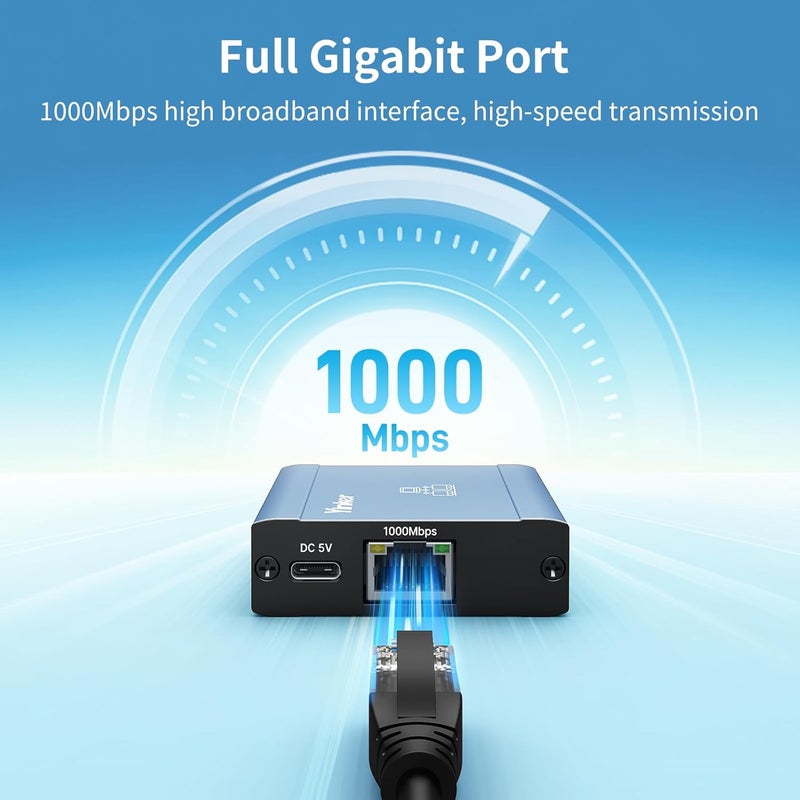 Yinker Ethernet Splitter 1 to 2, Gigabit 1000Mbps High-Speed LAN Bandwidth Sharing Adapter with Aluminum Housing, USB Powered for Router/TV/Game Consoles, Cat5-Cat8 Cable Compatible - Image 3